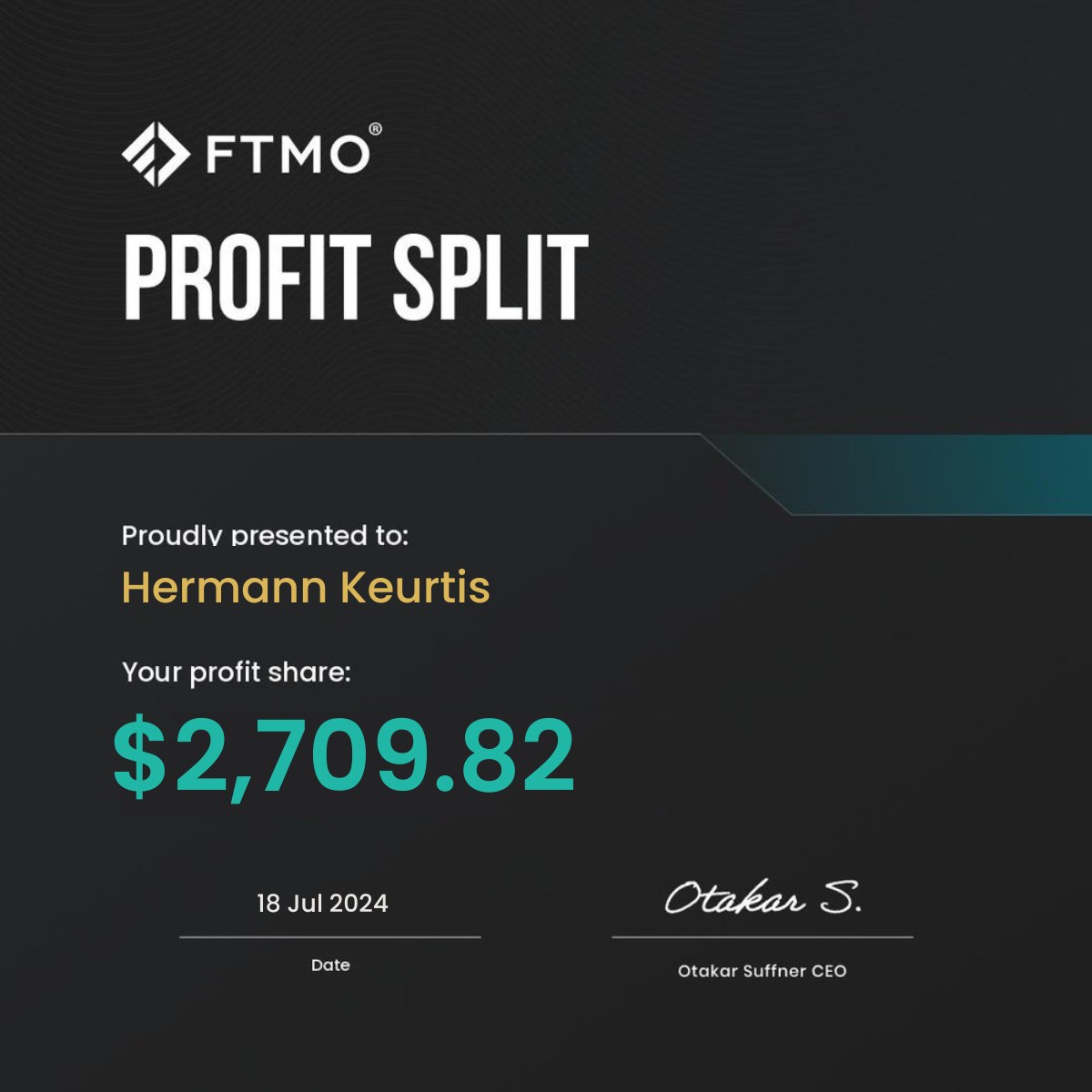 Certificat FTMO Profit Split Didier Maturin