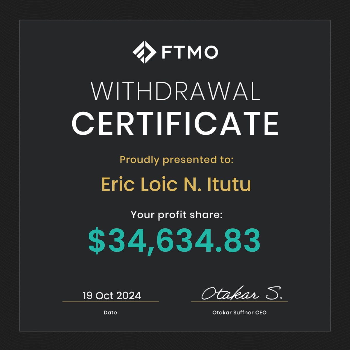 FTMO Withdrawal Certificate Eric Itutu $34 634