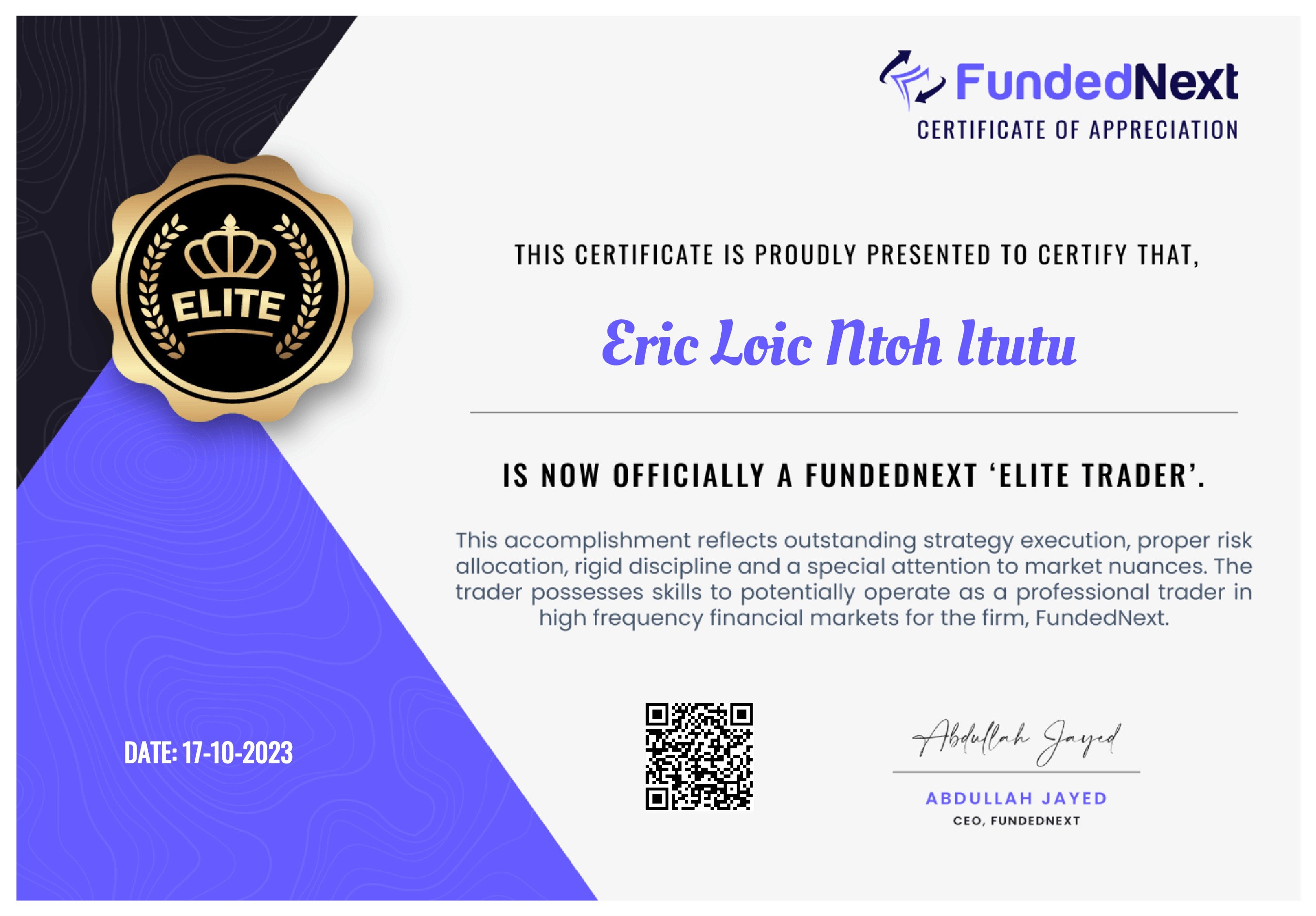 FundedNext Elite Trader Certificate Eric Itutu