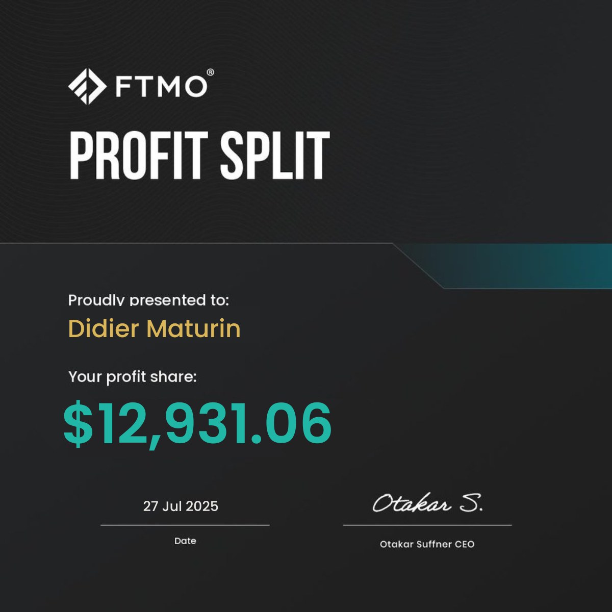 Certificat FTMO Profit Split Oumar Aboubakar