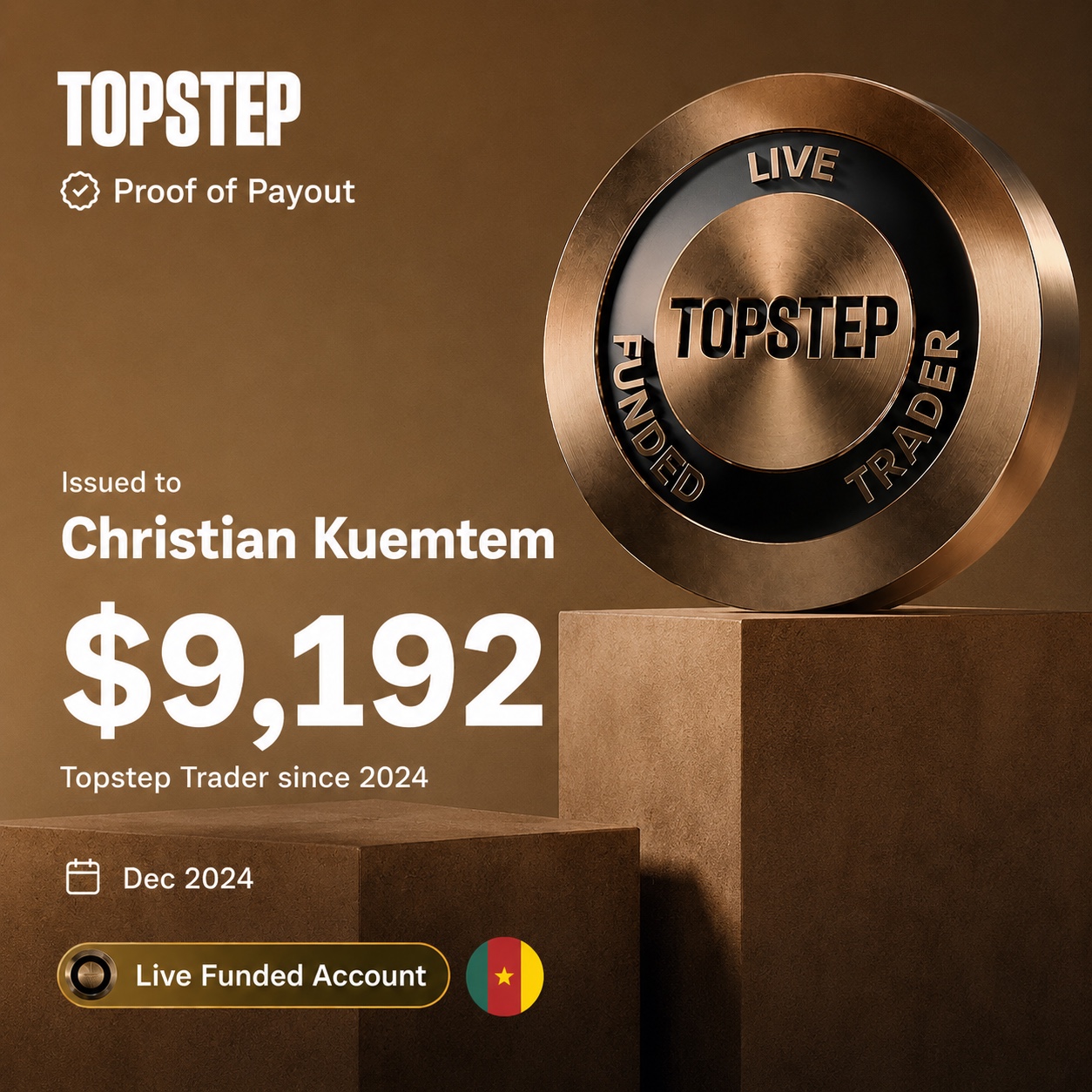 Performance Topstep communiquée par Christian Kuemtem, 9 192 dollars