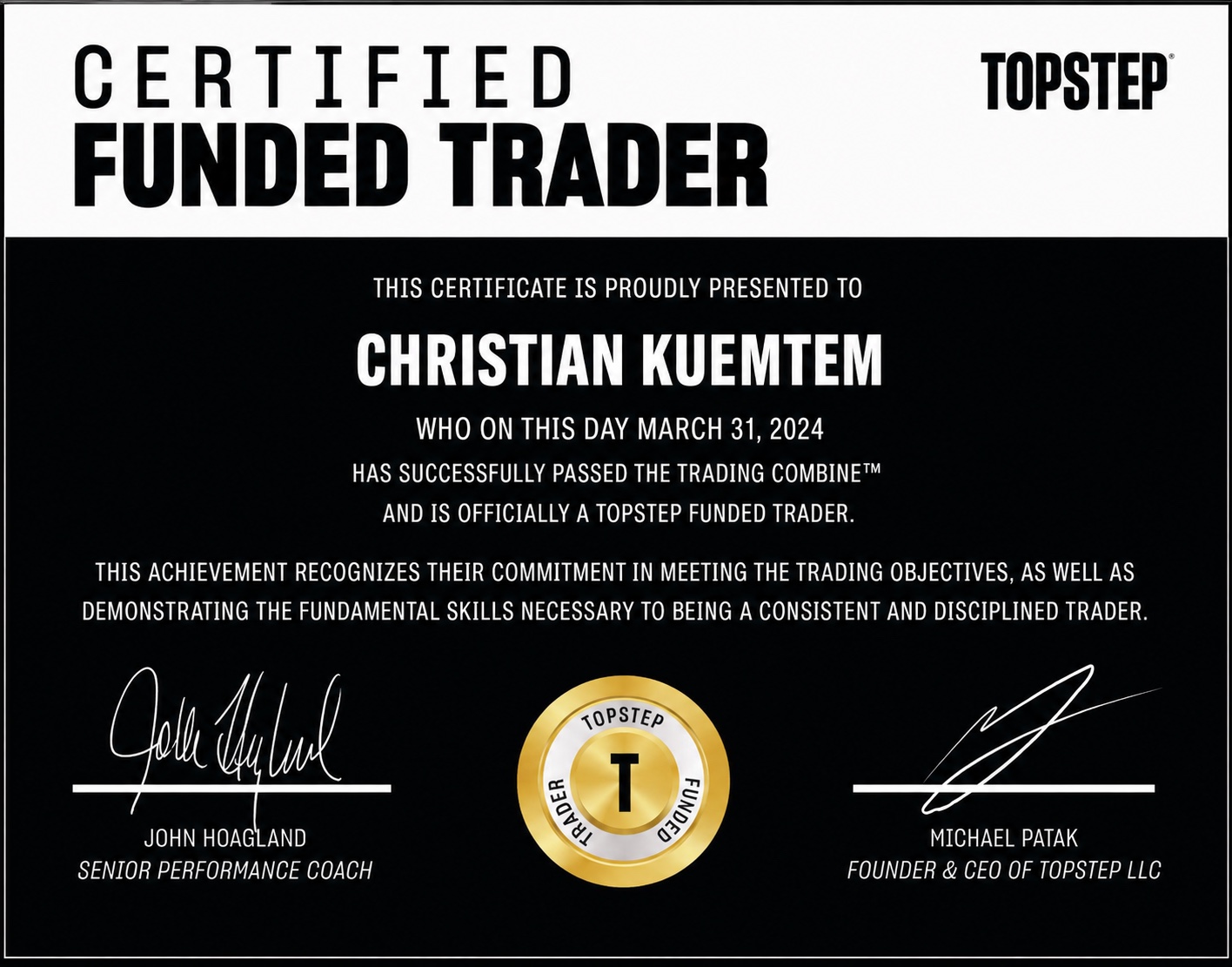 Certification Topstep Funded Trader de Christian Kuemtem