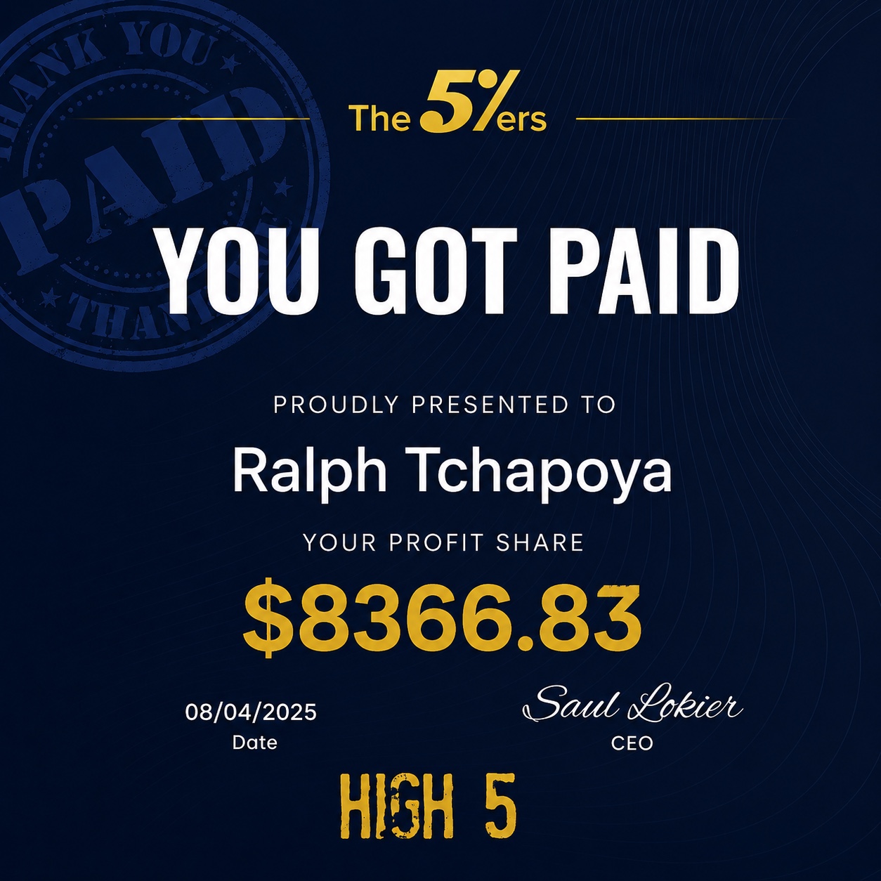 Performance The5ers communiquée par Ralph Tchapoya, 8 366 dollars et 83 cents